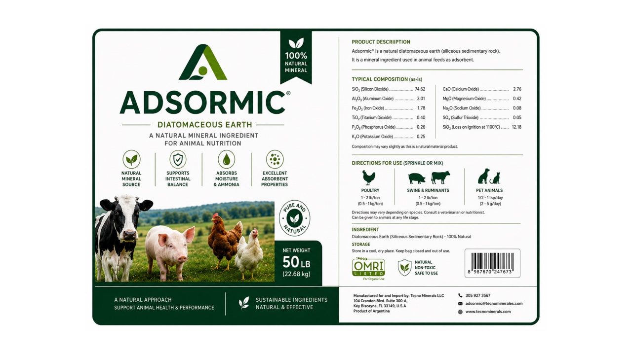 Approved ADSORMIC diatomaceous earth package label showing animal-feed applications and the OMRI Listed for Organic Use seal